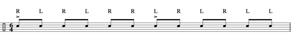 Music notation of double paradiddles, a drum rudiment (Sticking: right, left, right, left, right, right, left, right, left, right, left, left.)